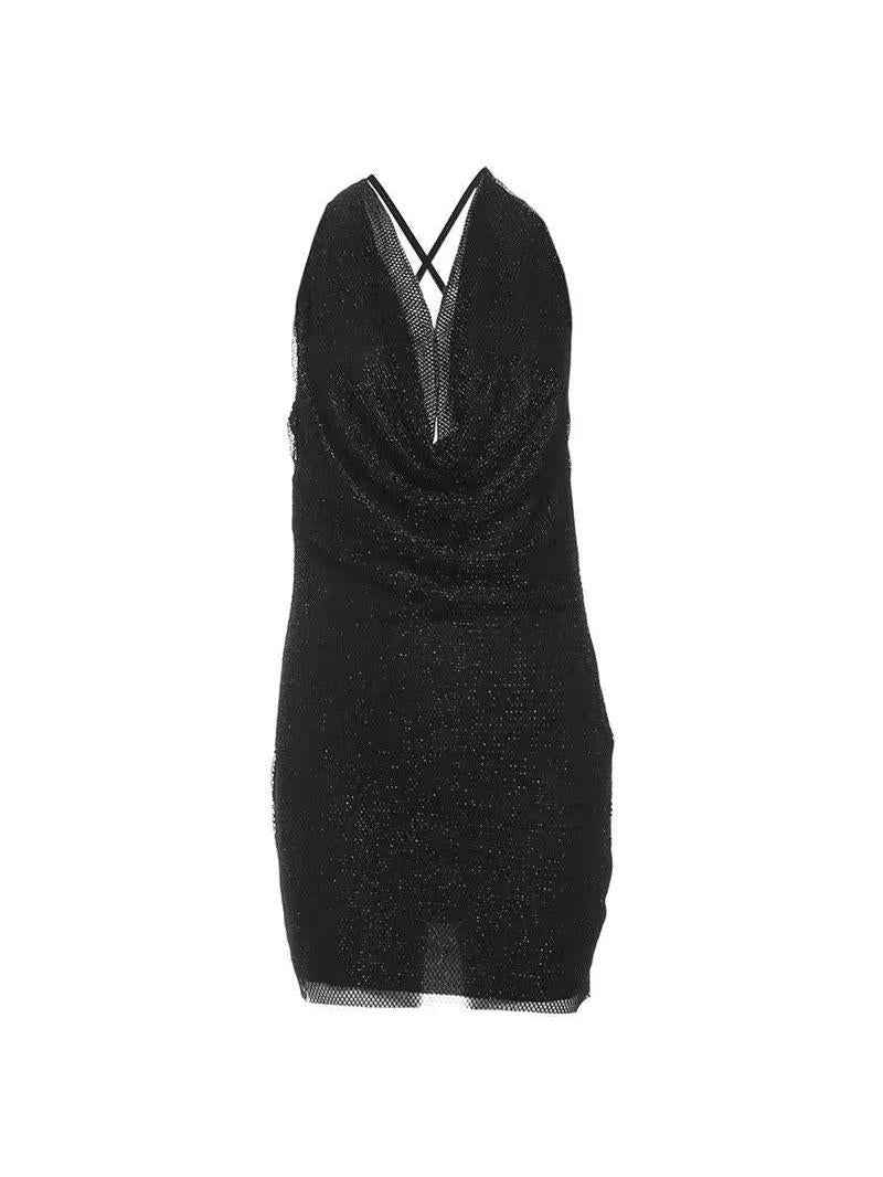 Sparkle Mesh Cowl Mini Dress by Exclusives, black shimmer fabric, dresses on sale