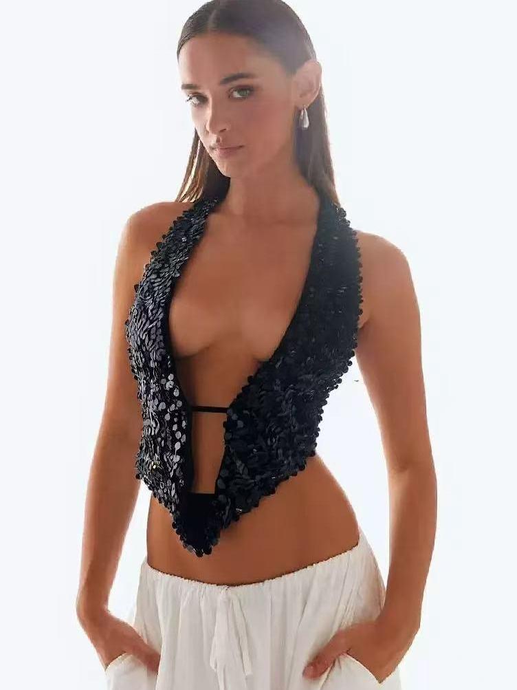 Halterneck Deep Neck Backless Sequins Vest Top by Exclusives, black tank top
