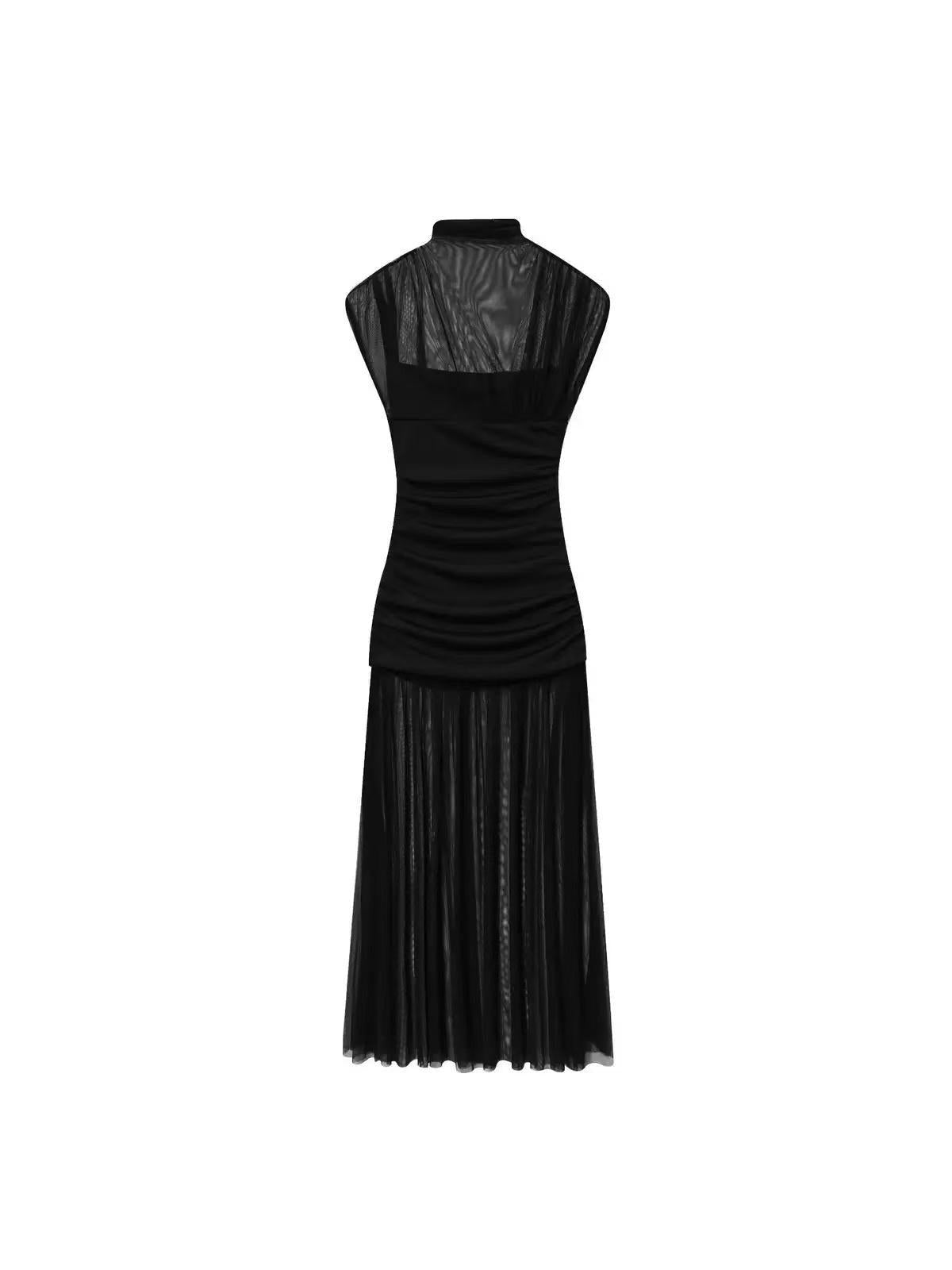 Back view of black sheer mesh bodice maxi dress with ruched waist and pleated skirt.