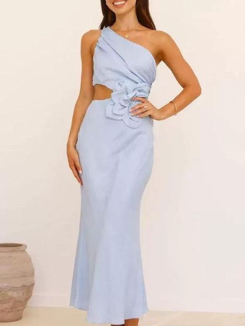 Irregular one shoulder flower applique maxi dress