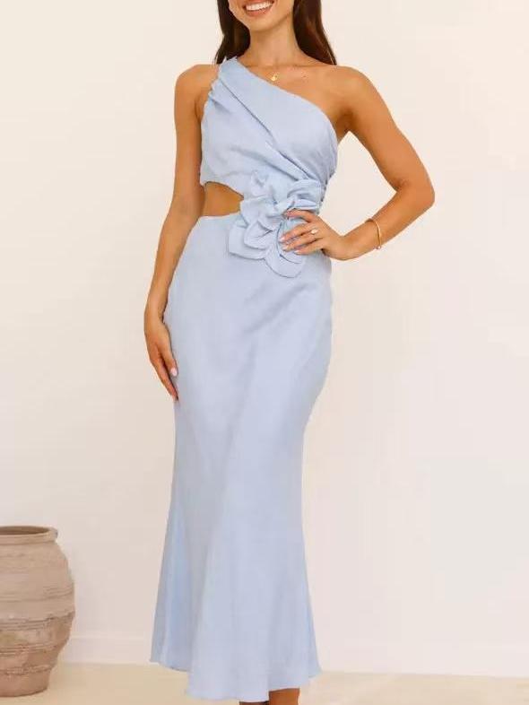One Shoulder Applique Flower Cutout Maxi Dress