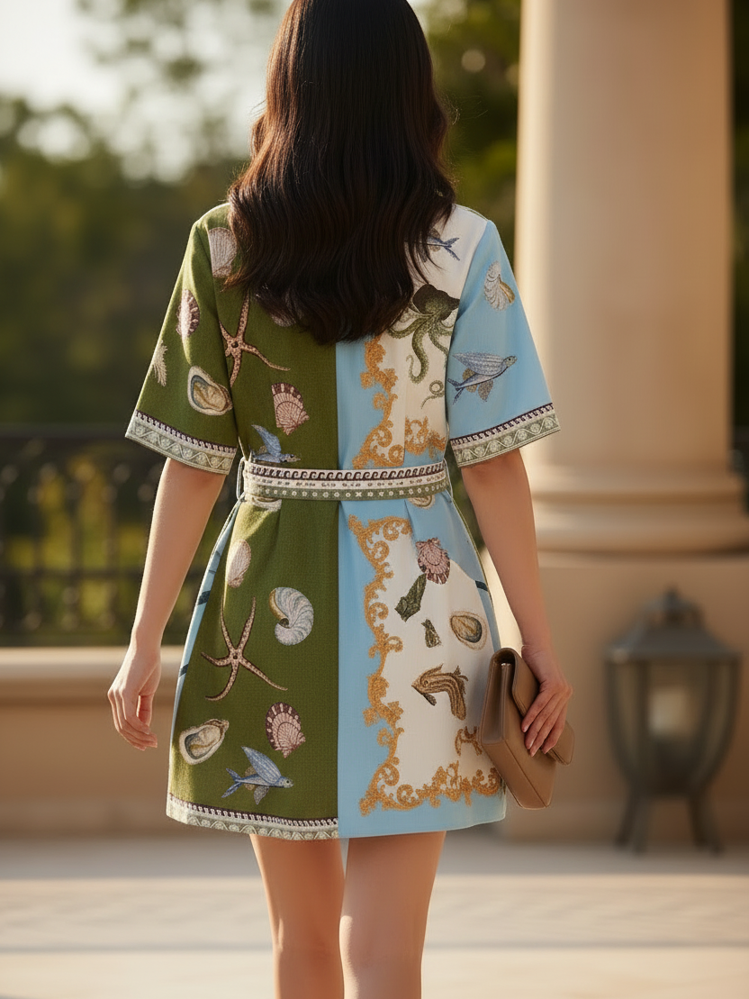 Sea Life Patchwork Belted Shirt Mini Dress in green, blue, beige with seashell and starfish print