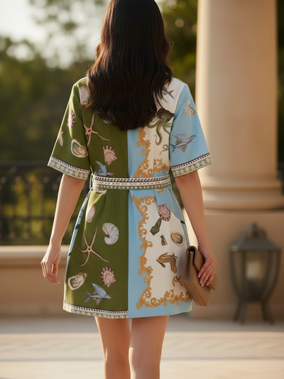 Sea Life Patchwork Belted Shirt Mini Dress in green, blue, beige with seashell and starfish print