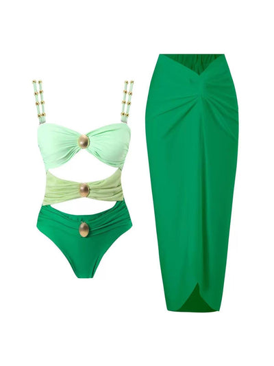 Round Buckle Hollow Out Cutout Swimsuit Skirt Coord Set