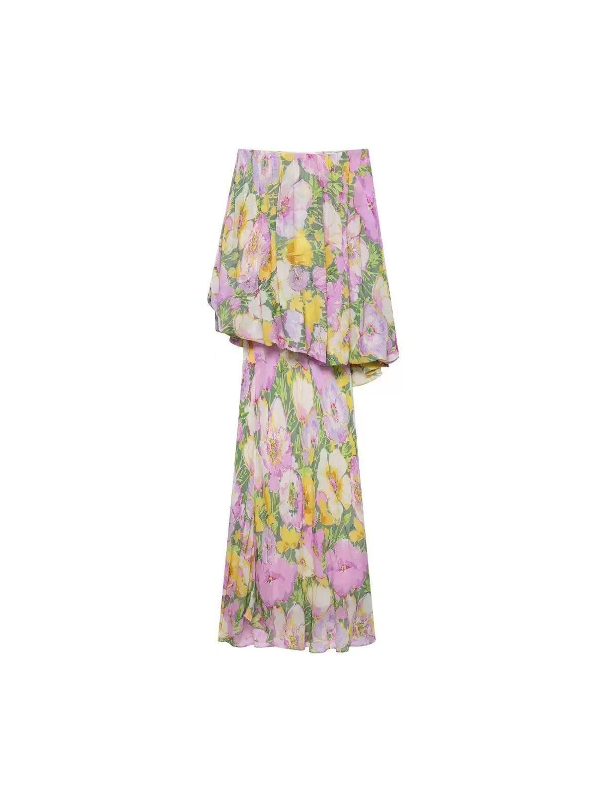 Pastel Floral Layered Ruffle Maxi Skirt