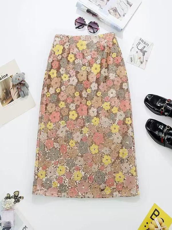 Flower Print Sequins Midi Skirt