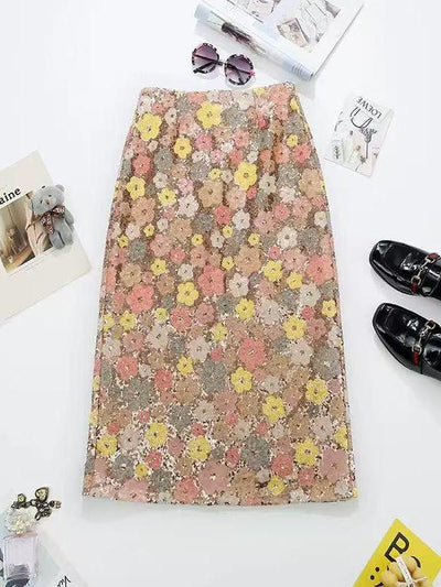 Flower Print Sequins Midi Skirt