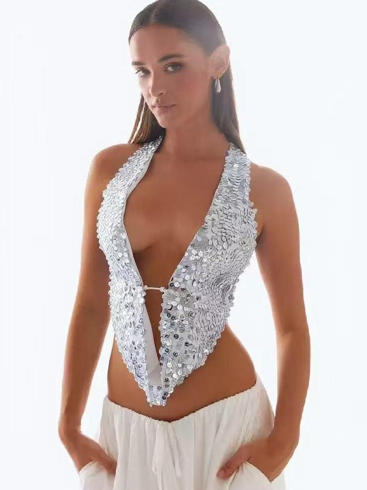 Halterneck deep-neck backless sequin vest top in silver by Exclusives, on sale tank top