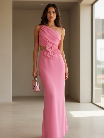 One Shoulder Applique Flower Cutout Maxi Dress in pink by Exclusives, on sale