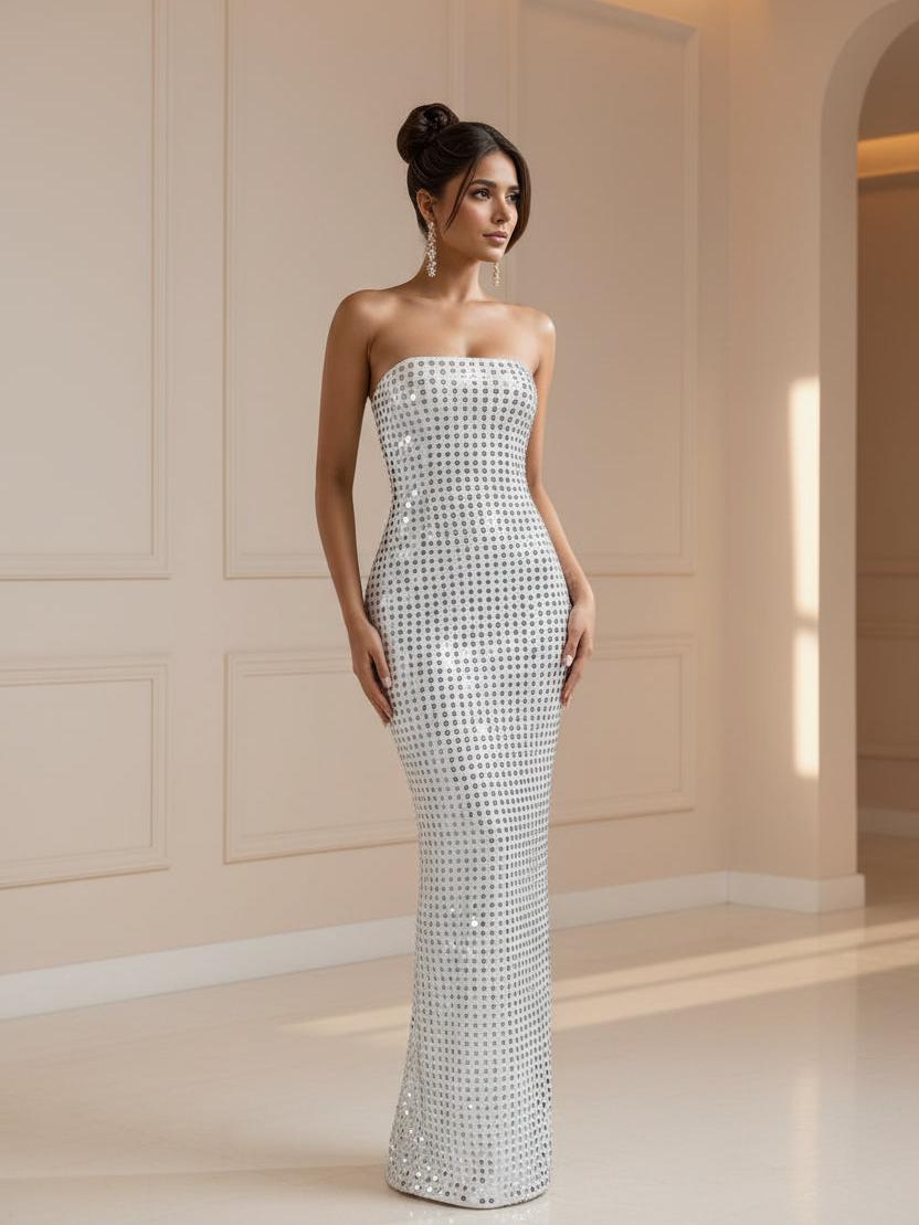 Strapless silver rhinestone tube maxi dress on a model, form-fitting with square sequins, in a neutral-toned room.