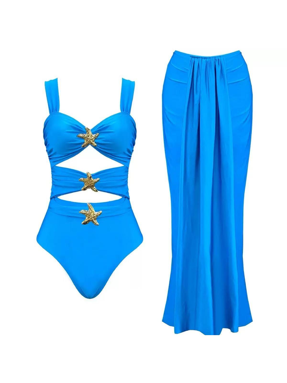 Blue Starfish Cutout Bikini & Skirt Swimsuit Set