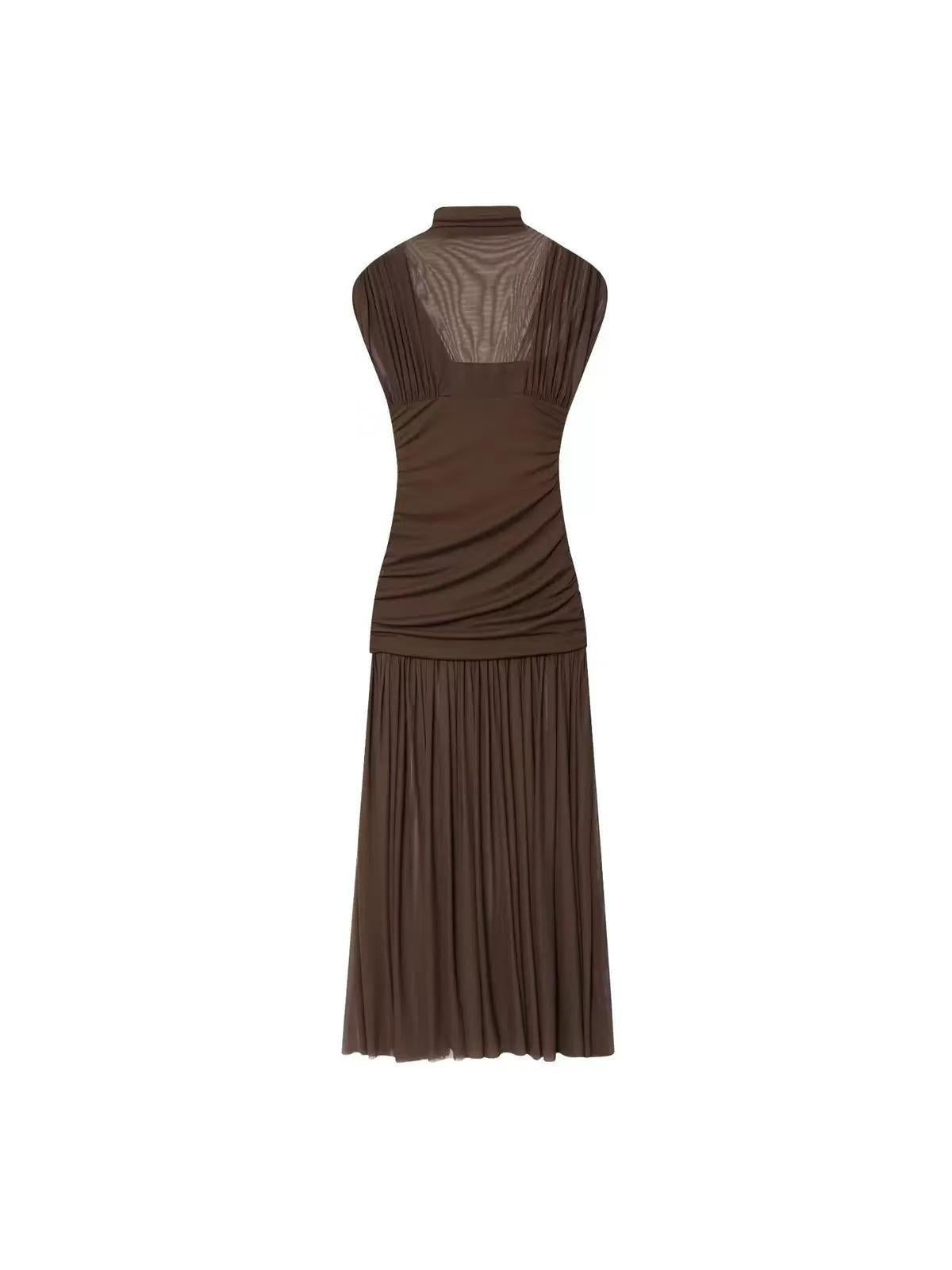 Chocolate brown maxi dress with sheer mesh back panel, ruched bodice and pleated floor-length skirt