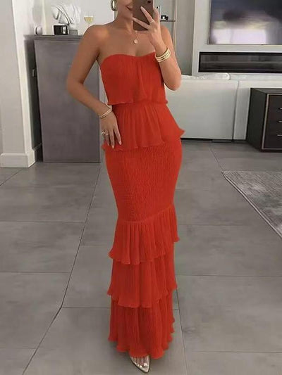 Strapless red ruffle-tiered smocked frill dress on sale in the Dresses category
