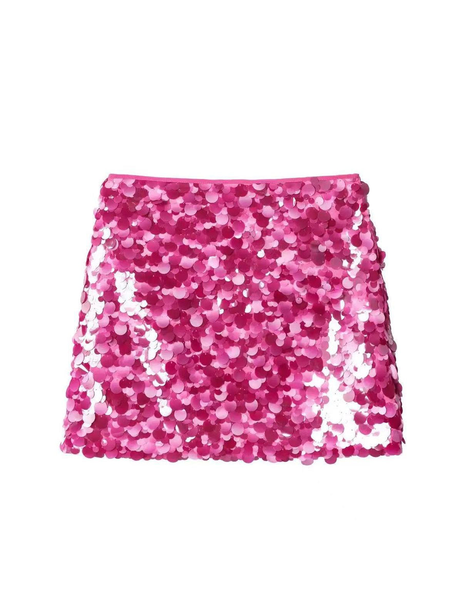 Vibrant pink sequined mini skirt densely covered with round coin-shaped sequins.