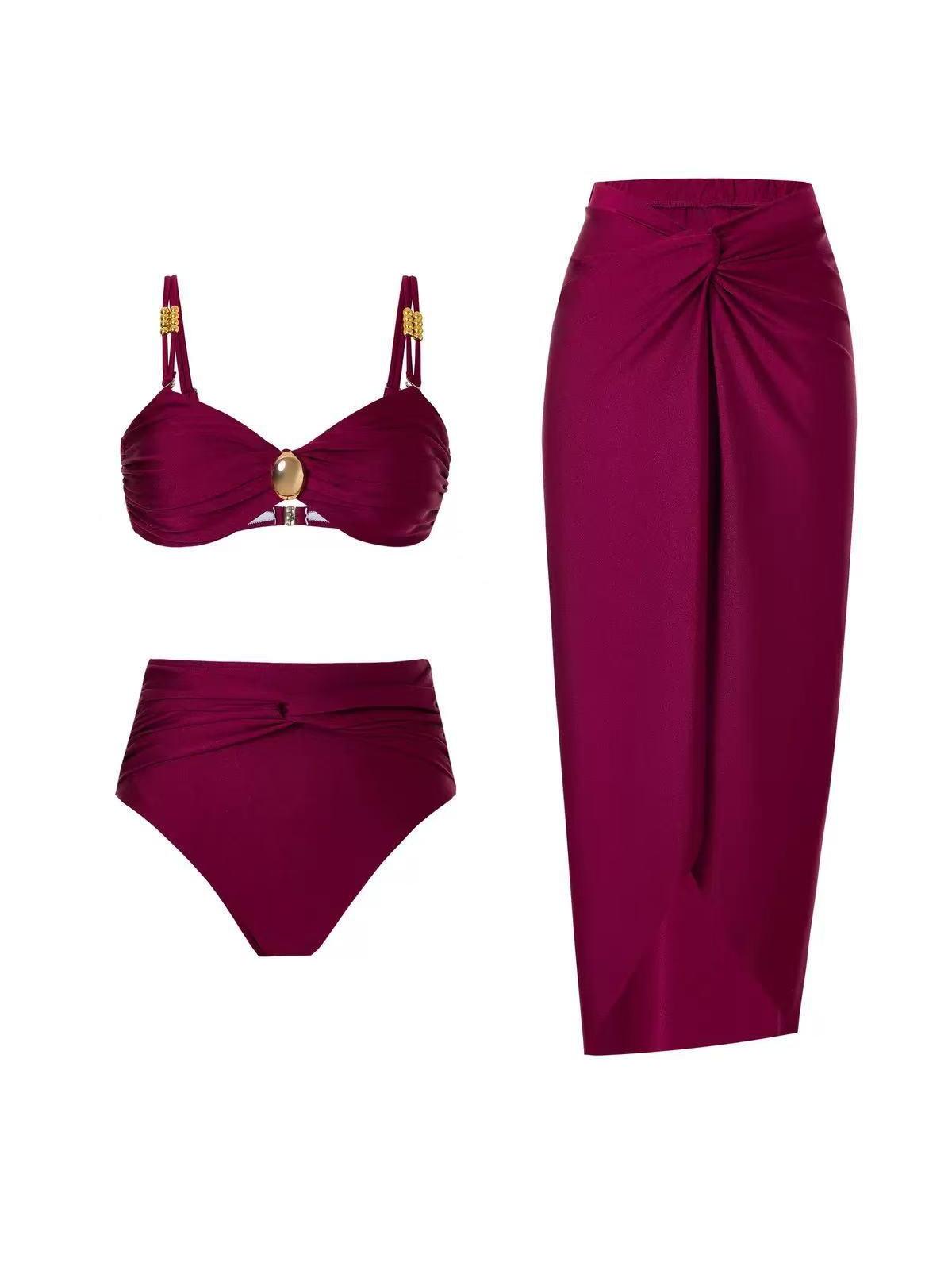 Golden 3 Piece Luxe Swimsuit With Sarong Skirt