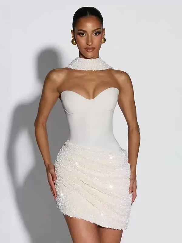 Crystal Ruched Corset Mini Dress with Scarf