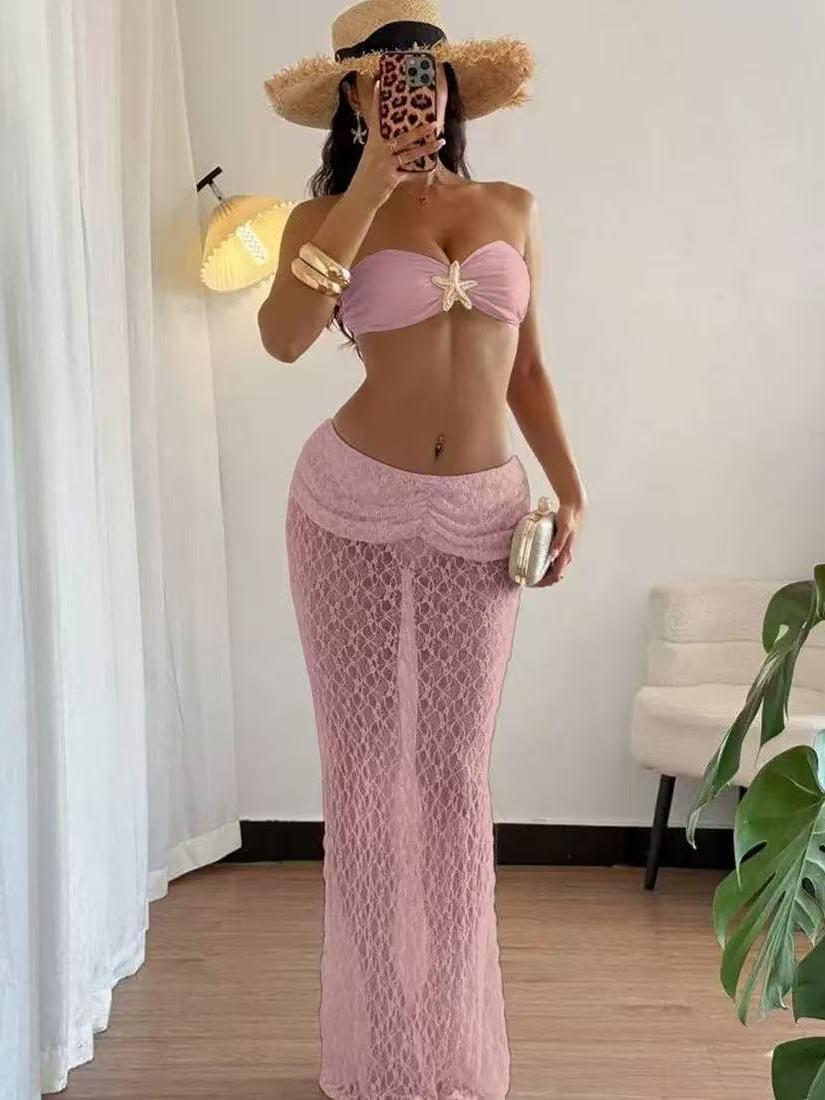 Starfish Bandeau Bikini & Sheer Crochet Maxi Skirt Set