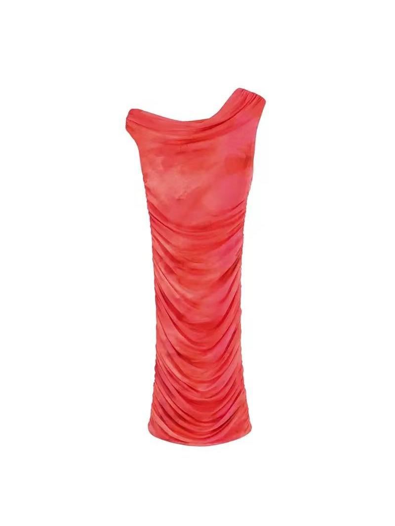 Coral Asymmetric Ruched Mesh Bodycon Dress