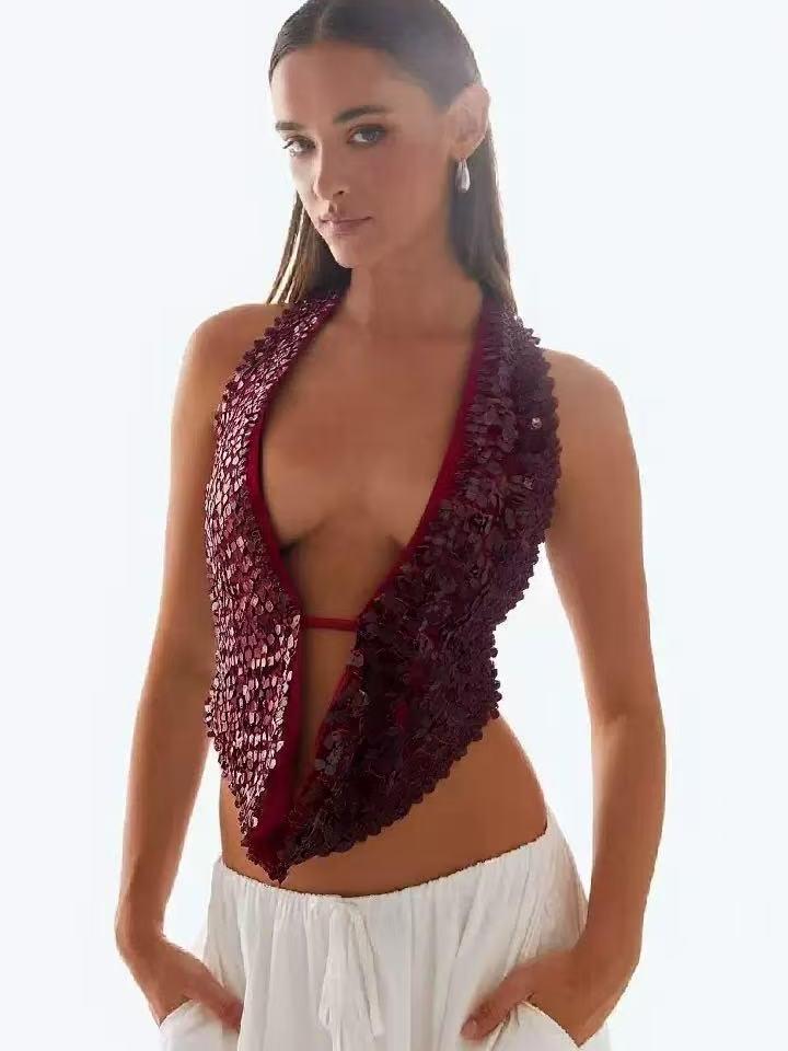 Exclusives halterneck deep-neck backless sequin vest top in burgundy, tank tops on sale