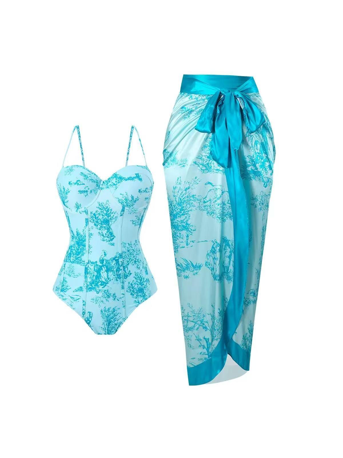 Vintage French Toile Wrap Swimsuit Set with Skirt