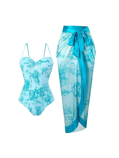 Vintage French Toile Wrap Swimsuit Set with Skirt