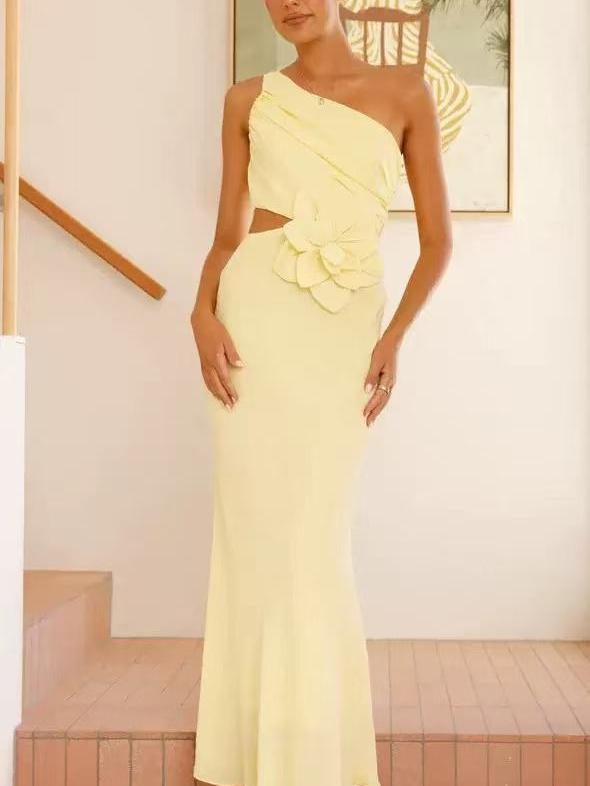 One Shoulder Applique Flower Cutout Maxi Dress
