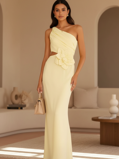 One Shoulder Applique Flower Cutout Maxi Dress in pale yellow with waist floral detail, on sale.
