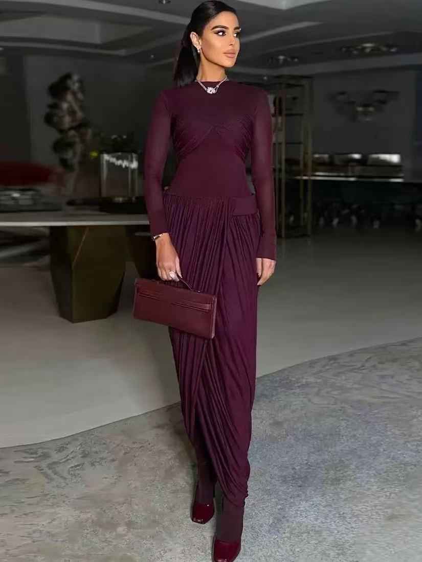 Draped Pleat Long-Sleeve Maxi Dress by Exclusives in burgundy