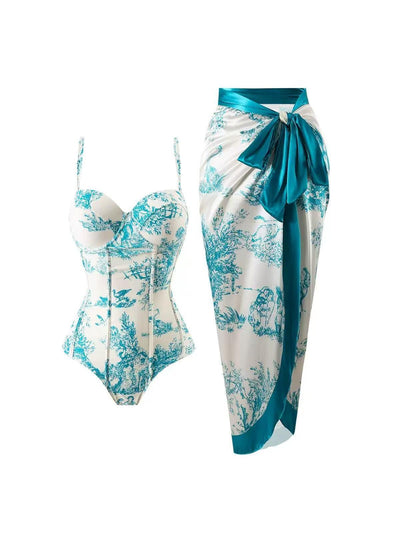 Vintage French Toile Wrap Swimsuit Set with Skirt