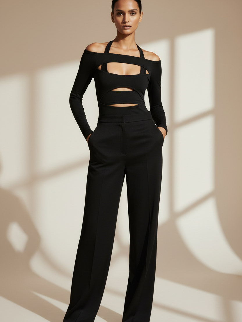 Cutout Mesh Panel Long-Sleeve Bodysuit, Exclusives, black