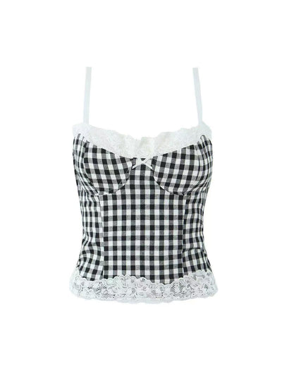 Gingham Print Lace Cami Top