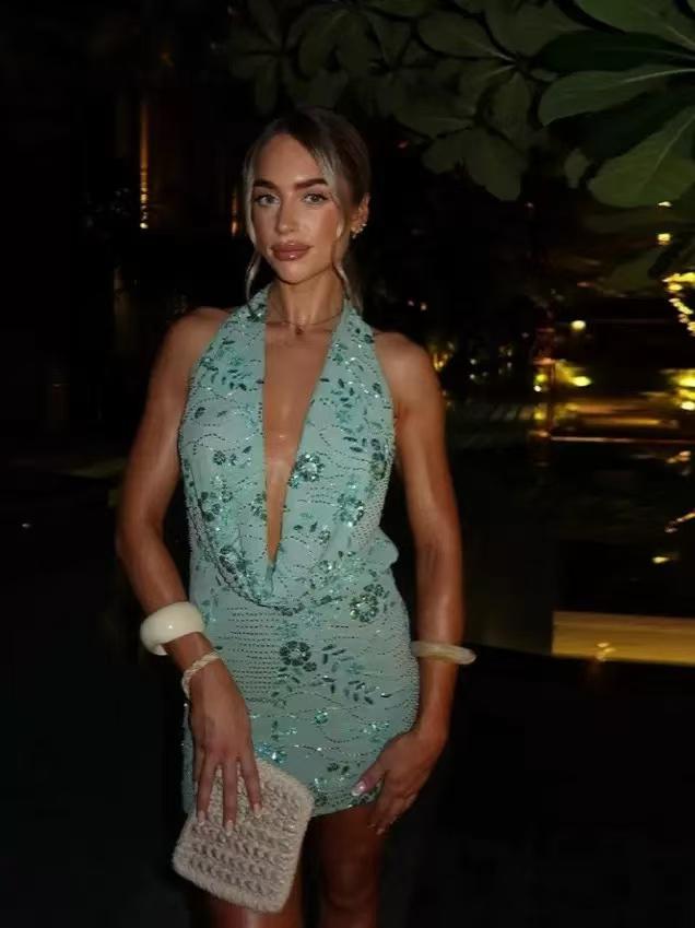 Ibiza Sequin Plunge Halter Mini Dress by EXCLUSIVES in seafoam teal sequins, on sale