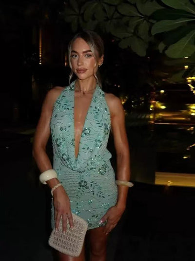 Ibiza Sequin Plunge Halter Mini Dress by EXCLUSIVES in seafoam teal sequins, on sale