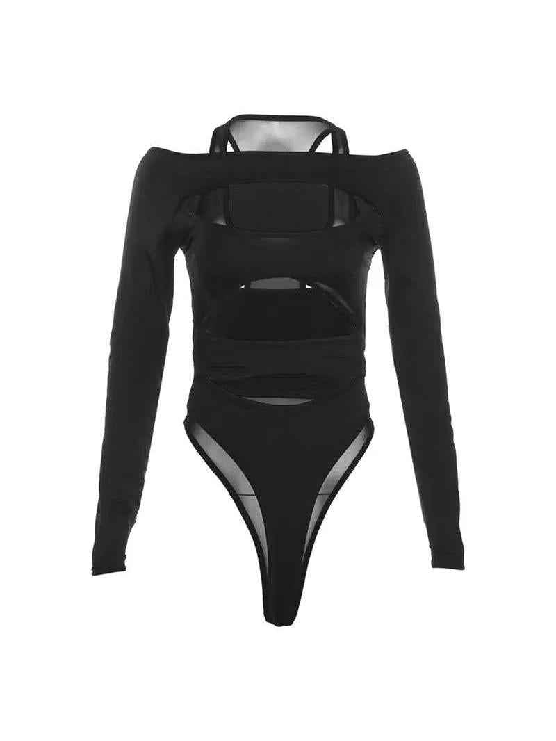 Bodysuit with cutout mesh panels and long sleeves in black by Exclusives.