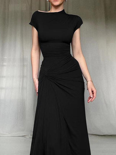 Short Sleevees Ruched High Slit Maxi Dress