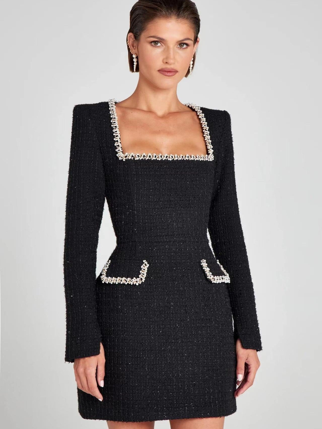 Tweed Full Sleeves Beaded Short Dress