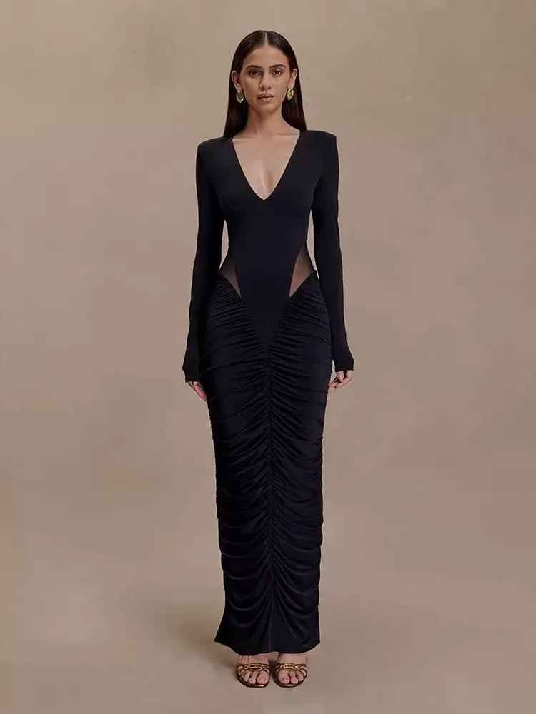 Mesh Cutout Ruched Long Sleeve Maxi Dress