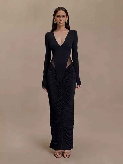 Mesh Cutout Ruched Long Sleeve Maxi Dress