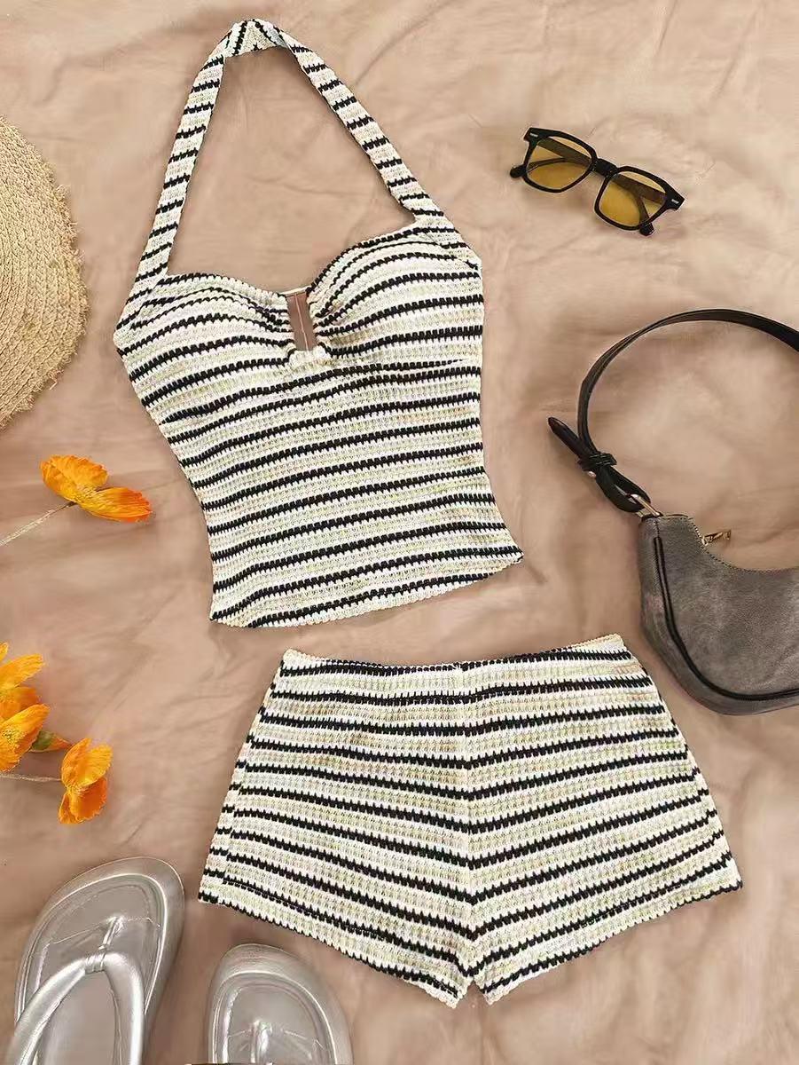 Striped crochet halter top and matching shorts co-ord set on sale; black and white knit fabric.