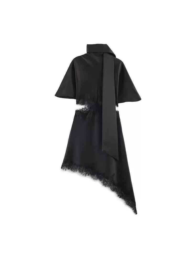 Midnight Tide Asymmetric Satin Lace Dress