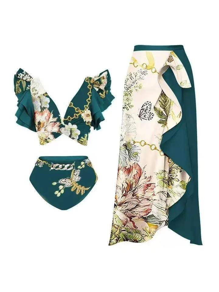 3 Piece Floral Print V Neck Ruffle Swimsuit with Skirt