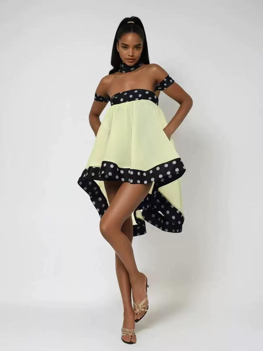 Limoncello Polka High-Low Dress by EXCLUSIVES, pale lime with black polka dot trim and off-shoulder neckline