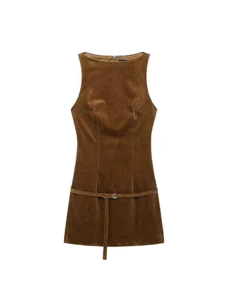 Corduroy Sleeveless Short Dress With Belt