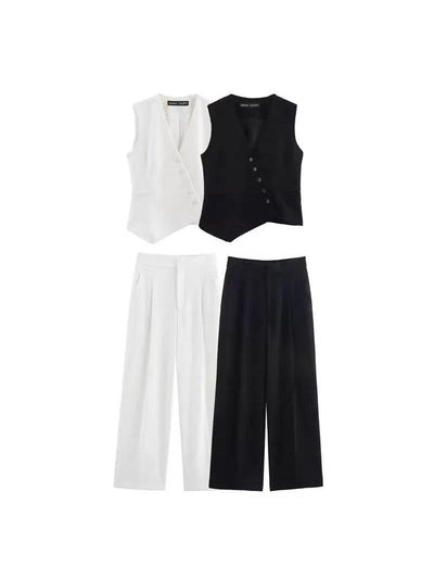 Black & White Cross Vest & Wide Leg Pants Coord Set