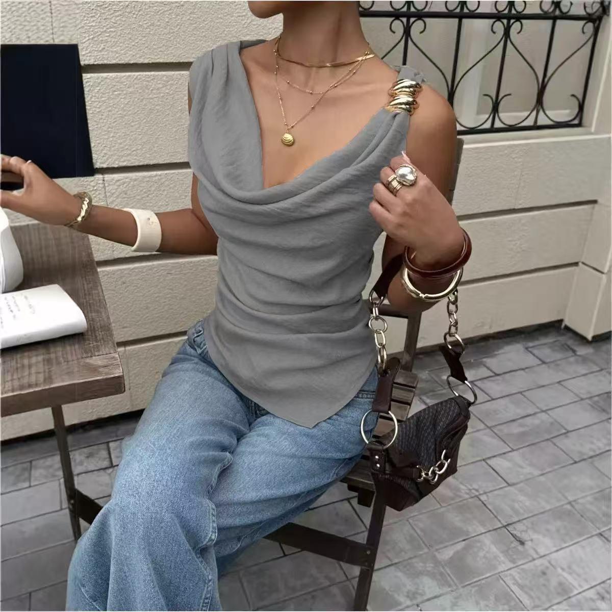 Shell Cowl Neck Top by EXCLUSIVES, gray sleeveless blouse with a draped neckline.