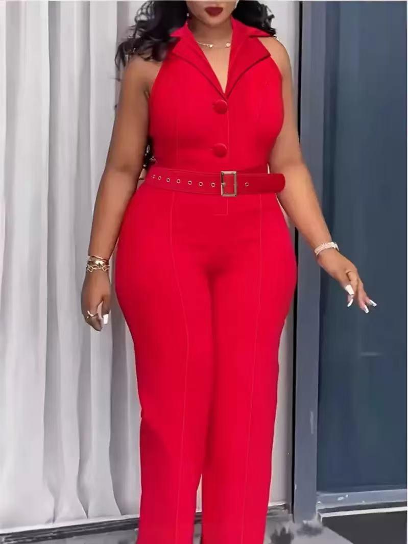 Sleeveless belted collared jumpsuit