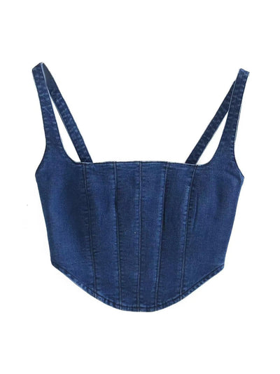 Dark blue denim corset-style sling crop top with vertical panel seams and wide straps, curved hem