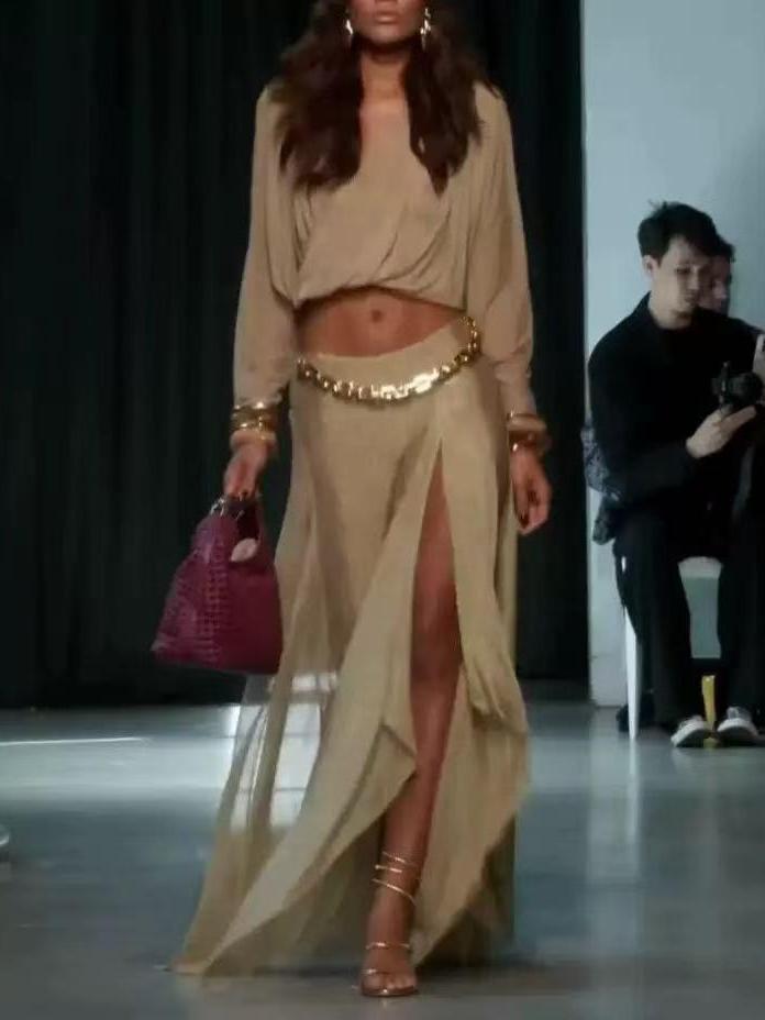 Amara Draped Maxi Skirt Set, beige combo outfit with gold belt EXCLUSIVES