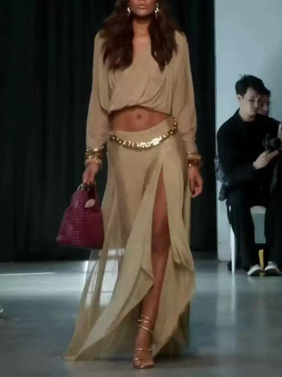 Amara Draped Maxi Skirt Set, beige combo outfit with gold belt EXCLUSIVES