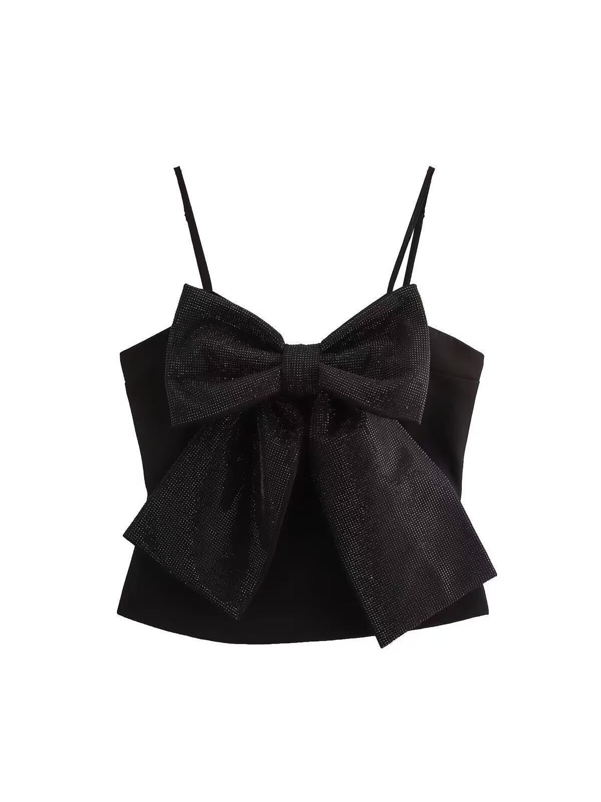 Spaghetti Strap Rhinestone Bow Applique Top